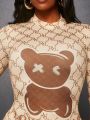 SHEIN Slayr Women's Chain Printed Teddy Bear Pattern T-shirt With Leggings Set