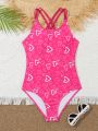 Girls' (big) One Piece Swimsuit With Heart Print