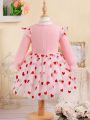 SHEIN Kids CHARMNG Little Girls' Romantic & Elegant Love Heart Mesh Round Neck Long Sleeve Dress For Spring And Autumn Holidays