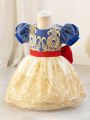 Baby Girl Embroidered Bubble Short Sleeve Dress With Exaggerated Bow Detail And Decorated Back