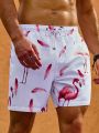 Men's Flamingo Printed Drawstring Waist Beach Shorts