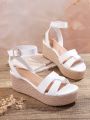 Ladies' Plain Summer White Wedge Sandals With Braid Detail And Thick Sole