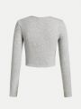 SHEIN Solid Color Ribbed Round Neck Long Sleeve T-Shirt For Teen Girls