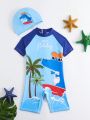 Young Boy Cartoon Printed One-Piece Swimsuit With Hat