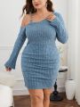 SHEIN Privé Plus Size Women's Elegant Dress With Irregular Shoulders And Bell Sleeves