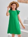 SHEIN Kids EVRYDAY Tween Girl's Woven Solid Color Round Neck Short Sleeve Loose Casual Dress