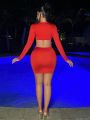 SHEIN SXY New Year Eve Dress Valentines Red Dress Knotted Waist Hollow Out Knit Bodycon Mini Dress