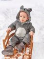 SHEIN Baby Boy Cartoon Embroidery 3D Ear Design Hooded Zipper Flannel Jumpsuit