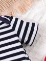 SHEIN Baby Boy'S Striped Short Sleeve Romper And Cartoon Car Printed Romper And Shorts Set For Outdoor Leisure In Summer