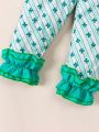 St. Patrick's Day Baby Girl Four-Leaf Clover Print Slogan Green Short Sleeve Striped Top And Ruffled Hem Pants Outfit