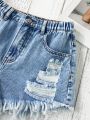 Teen Girls' New Casual Fashionable Frayed Hem Denim Shorts, Slim Fit