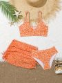 Tween Girls' Floral Print Halter Neck Bikini Set, With Random Print, 3pcs