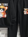 SHEIN Kids EVRYDAY Boys' Casual Loose-fit Hooded Printed Sweatshirt And Sweatpants Set