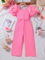 SHEIN Kids CHARMNG Young Girl 3D Flower Detail Mesh Puff Sleeve Belted Jumpsuit