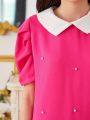 Teen Girls' Beaded Detail Contrast Color Peter Pan Collar Bubble Short Sleeve Dress