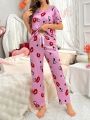 Women'S Heart Pattern Short-Sleeved T-Shirt And Trousers Pajama Set