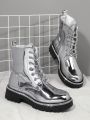 Metallic Lace Up Front Combat Boots