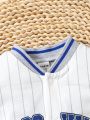 Baby Boy Letter Graphic Striped Trim Button Front Baseball Collar Romper