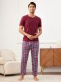 Men'S Round Neck Short Sleeve Plaid Long Pants Homewear Set