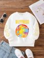Little Girls' Fun And Cute Emoticon And Letter Printed Round Neck Fleece Sweatshirt For Autumn And Winter