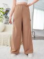 Teen Girls' Knitted Drawstring Waist Wide Leg Casual Pants With Accordion Pocket