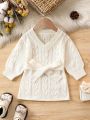 Baby Girl Cable Knit Belted Lantern Sleeve Sweater Dress