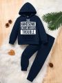 2pcs/Set Toddler Boys' Cute Sports English Printed Hooded Sweatshirt And Pants Outfits For Autumn And Winter