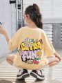 SHEIN Kids Cooltwn Tween Girls' Casual Cartoon Letter Print Round Neck Loose Fit Short Sleeve T-Shirt, Daily Wear