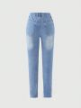 Teenage Girls' Fashionable And Versatile Skinny Jeans With Distressed Detailing For Daily Wear