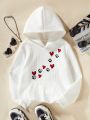 SHEIN Kids Y2Kool Girls' Fashionable Hooded Sweatshirt With Heart-Shaped Embroidery And Long Sleeves