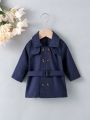 Baby Boy British Style Casual Belt Trench Coat With Double Breasted Buttons Design, Suitable For Outdoor Photography