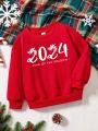 Young Girls Casual New Year 2024 Printed Long Sleeve Round Neck Sweatshirt Suitable For Autumn And Winter
