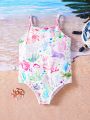 SHEIN Young Girl Knitted Turtle & Seaweed Print One-Piece Swimsuit With Halter Strap For Leisure Holiday Beach