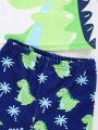 SHEIN Baby Boy Leisure Cute Cartoon Pattern Color Block Long Sleeve Short Pants Swimwear Set