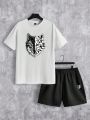 SHEIN Extended Sizes Men's Plus Size Wolf Print Short Sleeve T-shirt And Shorts Two Piece Set