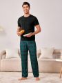 Men's Solid Color Short Sleeve T-shirt And Plaid Long Pants Homewear Set