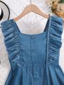 SHEIN Kids SUNSHNE Girls Ruffle Trim Button Front Shirred Back Dress