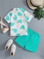 2pcs Young Boys' Palm Leaves Print Short Sleeve Shirt And Casual Shorts Set For Summer Vacation
