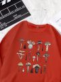 Plus Size Mushroom Print Pullover Sweatshirt With Fleece Lining