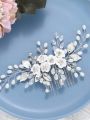1pc White Soft Pottery Flower & Silver Leaf Bridal Hair Comb