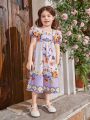 SHEIN Kids CHARMNG Young Girls' Square Neck Puff Sleeve Floral Dress, Mommy And Me Matching Outfits (2 Pieces Sold Separately)