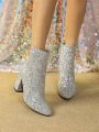 2023 Autumn & Winter New Fashion Pointed Toe Women's Shoes With Sequins, Chunky Heels, Rhinestones, Side Zipper And Short Plush Lining, Silver Motorcycle Boots, Performance Crystal High Heels