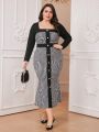 SHEIN Modely Plus Size Button Decorated Houndstooth Mermaid Dress