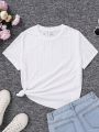 SHEIN Teenage Girls' Knitted Solid Color Jacquard Short Sleeve T-shirt