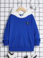 SHEIN Tween Boys' Casual Comfortable Colorblock Hooded Sweatshirt With Alphabet Patch Design