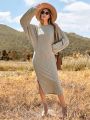 SHEIN LUNE Women'S Ribbed Knit Dress With Batwing Sleeves And Side Slit
