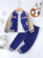 SHEIN 2pcs/Set Toddler Boys' College Style Baseball Uniform With Letter Embroidery, Raglan Long Sleeve Shirt And Pants, Winter