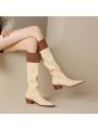 Women's Color Block Square Toe Chunky Heel Vintage Knee-high Boots, One Step Knight Boots, Simple And All-match Fashion Boots