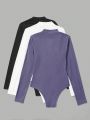 SHEIN Essnce 3pcs Solid Mock Neck Ribbed Knit Bodysuit