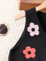 Tween Girls' Flower Pattern Sweater Vest And Knitted Pants Set